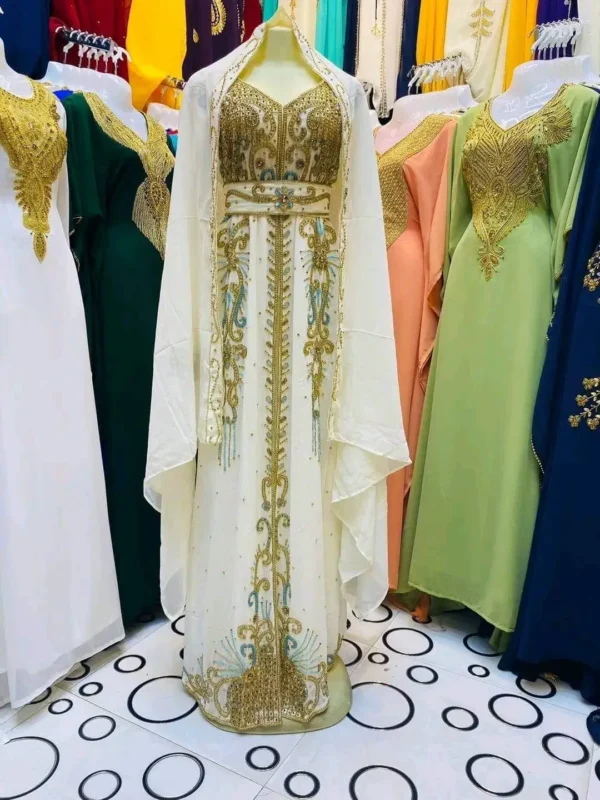 Moroccan Kaftan Gown Collection with Golden Embroidery in White