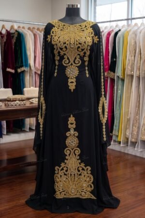 Royal Black Beading Farasha Abaya Handmade Dubai Kaftan