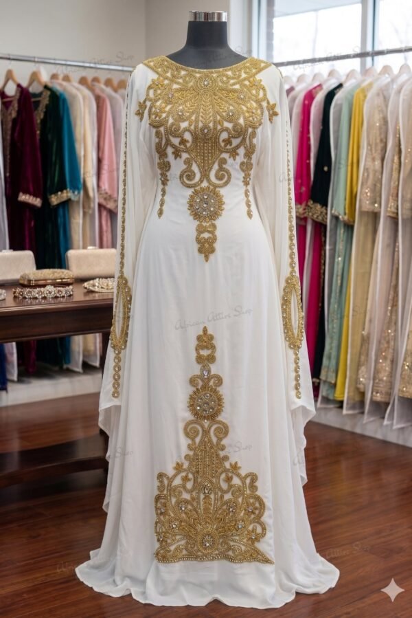 Royal White Beading Farasha Abaya Handmade Dubai Kaftan (1)