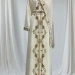 White Moroccan Kaftan with Hand-Embroidered Gold Details