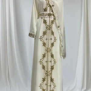 White Moroccan Kaftan with Hand-Embroidered Gold Details