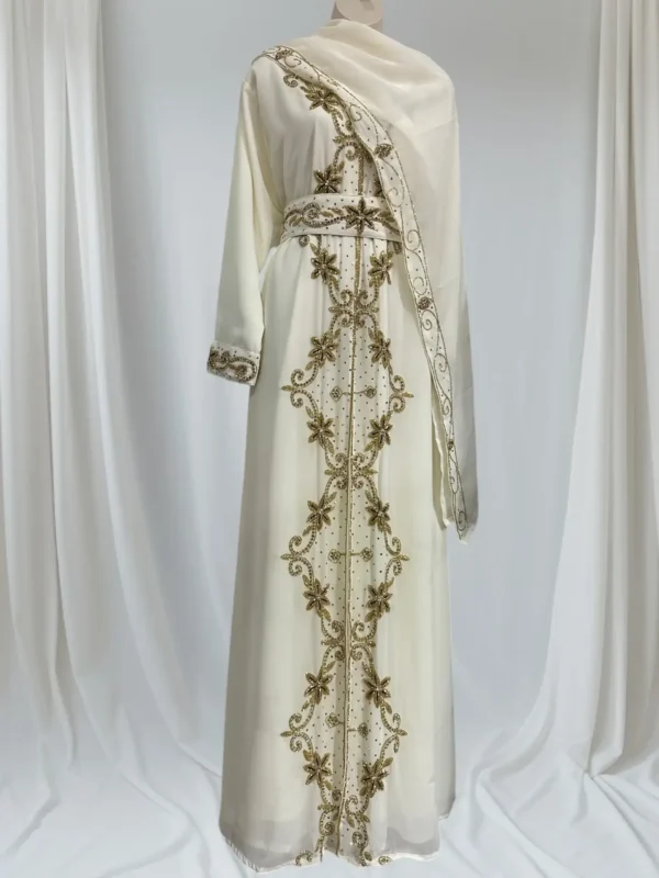 White Moroccan Kaftan with Hand-Embroidered Gold Details