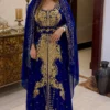 Navy Blue Moroccan Wedding Kaftan, Gold Hand-Embroidered Nikkah Abaya, Floor-Length Muslim Wedding Dress, Elegant Maxi Kaftan for Eid & Ramadan, Moroccan Bridal Dress with Hijab (1)