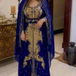 Navy Blue Moroccan Wedding Kaftan, Gold Hand-Embroidered Nikkah Abaya, Floor-Length Muslim Wedding Dress, Elegant Maxi Kaftan for Eid & Ramadan, Moroccan Bridal Dress with Hijab (1)
