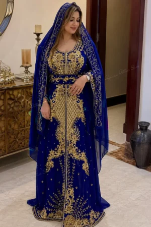 Navy Blue Moroccan Wedding Kaftan, Gold Hand-Embroidered Nikkah Abaya, Floor-Length Muslim Wedding Dress, Elegant Maxi Kaftan for Eid & Ramadan, Moroccan Bridal Dress with Hijab (1)