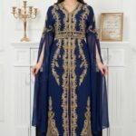 Navy blue Moroccan kaftan with gold embroidery and cape sleeves luxury Dubai abaya dress for Nikkah and evening wear (1)
