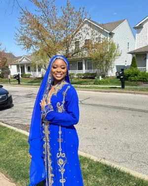 Royal blue Moroccan kaftan with gold embroidery, luxury abaya dress with matching hijab (1)