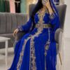 Royal blue Moroccan kaftan with gold embroidery luxury abaya dress with matching hijab (2)