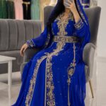 Royal blue Moroccan kaftan with gold embroidery luxury abaya dress with matching hijab (2)