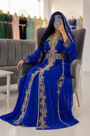 Royal blue Moroccan kaftan with gold embroidery luxury abaya dress with matching hijab (2)