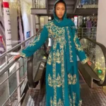 Teal Moroccan kaftan with gold hand embroidery, elegant abaya dress for special occasions (1)