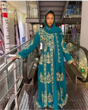 Teal Moroccan kaftan with gold hand embroidery, elegant abaya dress for special occasions (1)