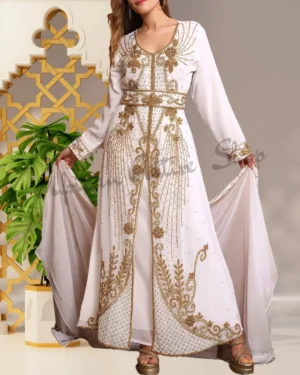 White Moroccan Dubai Kaftan - Hand-Beaded Arabic Abaya for Eid, Weddings, and Parties Maxi Farasha Floor-Length Dress for Women (1)