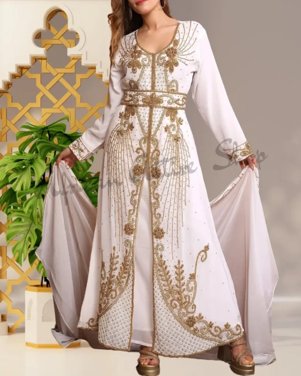 White Moroccan Dubai Kaftan - Hand-Beaded Arabic Abaya for Eid, Weddings, and Parties Maxi Farasha Floor-Length Dress for Women (1)