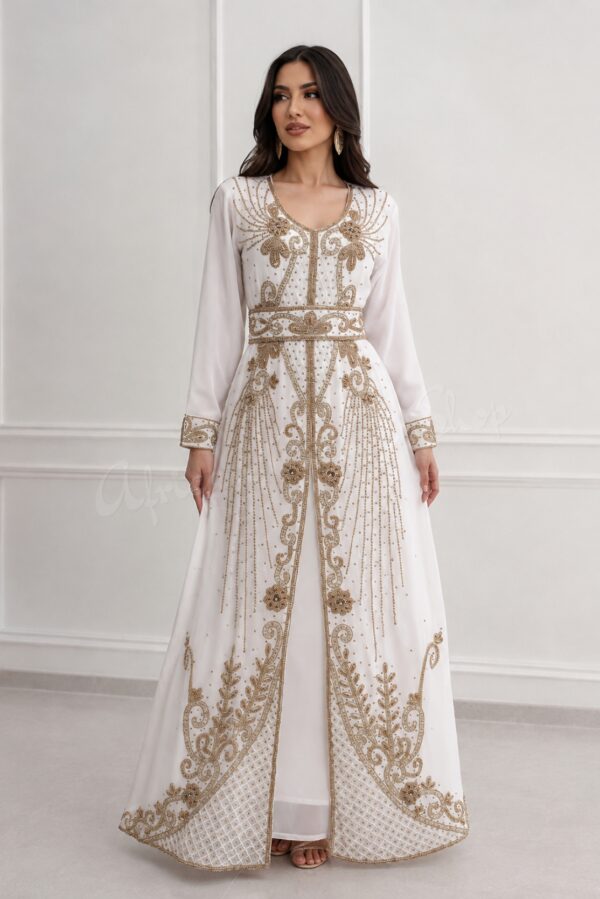 Elegant White Moroccan Kaftan | Hand-Beaded Dubai Abaya | Maxi Farasha Wedding Gown | Eid, Birthday |Stylish Arabic Jalabiya for Women