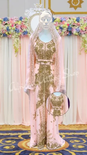 White Royal Moroccan Wedding Kaftan, Gold Hand-Embroidered Nikkah Abaya, Floor-Length Muslim Wedding Dress, Elegant Maxi Kaftan for Eid & Ramadan, Moroccan Bridal Dress with Hijab