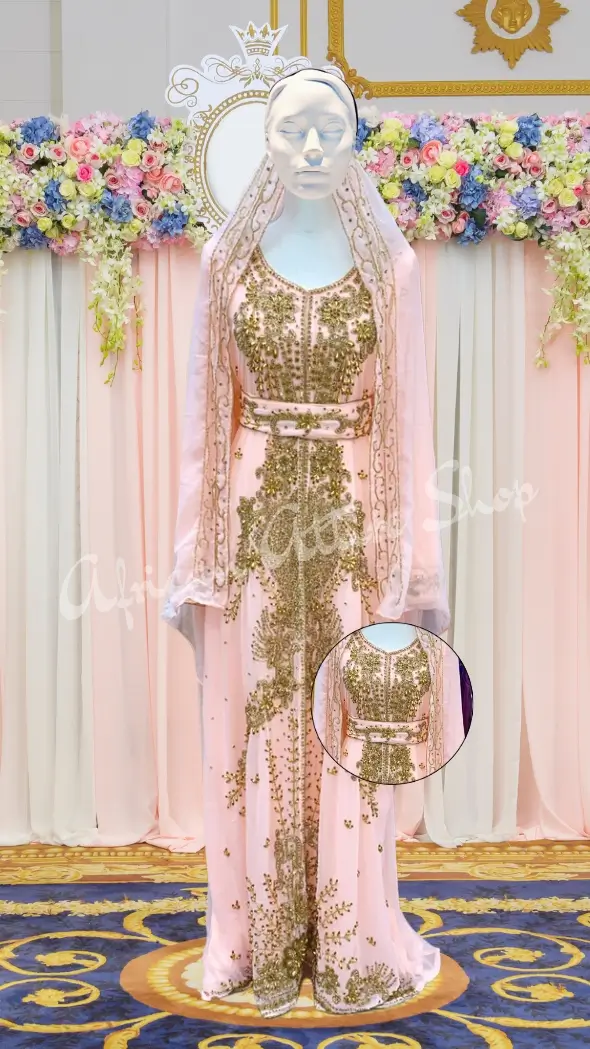 White Royal Moroccan Wedding Kaftan, Gold Hand-Embroidered Nikkah Abaya, Floor-Length Muslim Wedding Dress, Elegant Maxi Kaftan for Eid & Ramadan, Moroccan Bridal Dress with Hijab