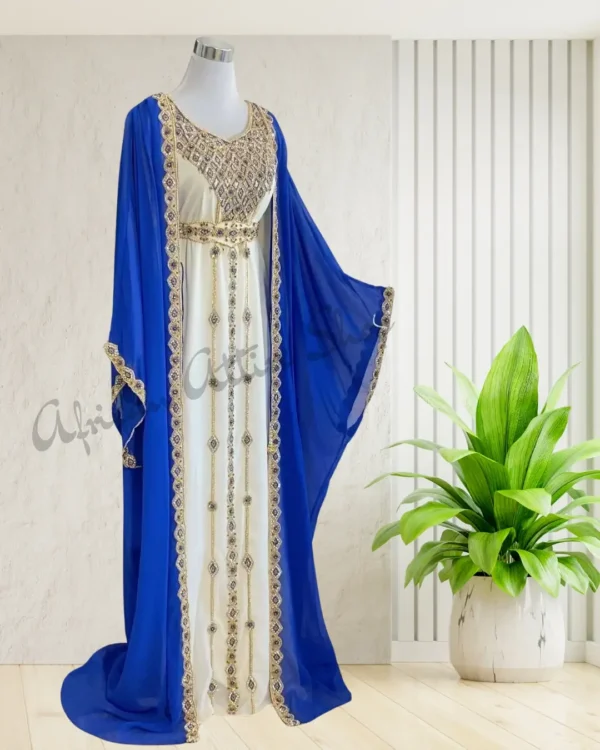 Luxury Royal Blue & White Moroccan Kaftan Jacket with Handcrafted Gold Embroidery Arabian Gown