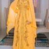 yellow Moroccan kaftan with gold embroidery, luxury Arabian gown for weddings and festive events