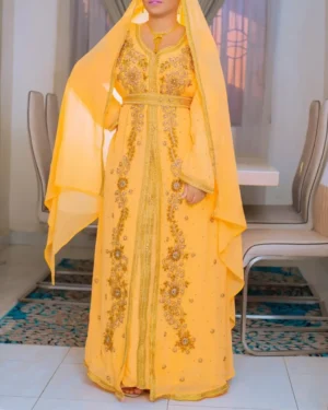 yellow Moroccan kaftan with gold embroidery, luxury Arabian gown for weddings and festive events