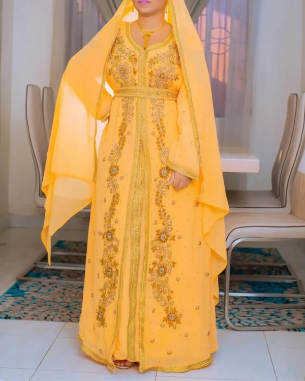 yellow Moroccan kaftan with gold embroidery, luxury Arabian gown for weddings and festive events