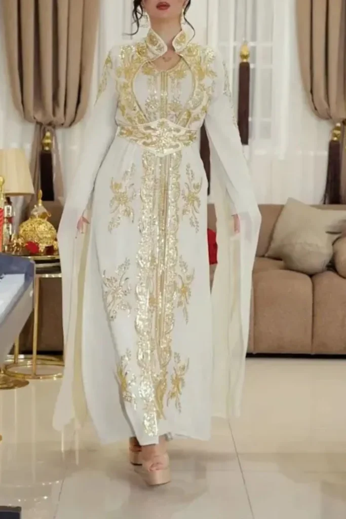 Elegant Beige Moroccan Wedding Kaftan Gold Embroidered Long Sleeve Formal Dress with Cape - Limited Stock! Elegant Beige Moroccan Wedding Kaftan Gold Embroidered Long Sleeve Formal Dress with Cape - Limited Stock!