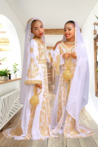 Elegant White & Gold Girls' Moroccan Kaftan Dress, featuring hand embroidery, premium fabric & a princess-like silhouette (1)