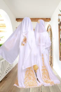 Elegant White & Gold Girls' Moroccan Kaftan Dress, featuring hand embroidery, premium fabric & a princess-like silhouette (2)