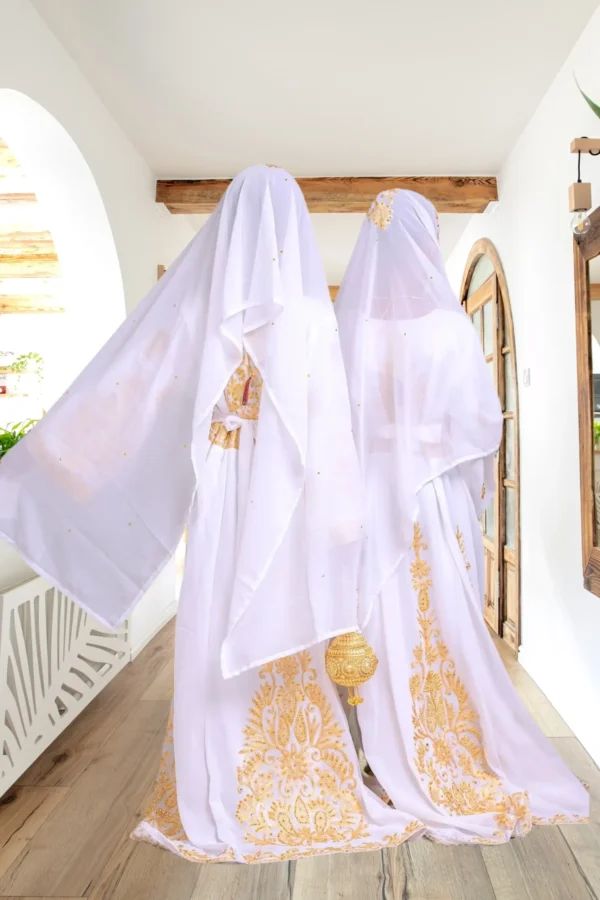 Elegant White & Gold Girls' Moroccan Kaftan Dress, featuring hand embroidery, premium fabric & a princess-like silhouette (2)
