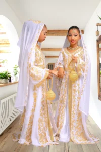 Elegant White & Gold Girls' Moroccan Kaftan Dress, featuring hand embroidery, premium fabric & a princess-like silhouette (3)