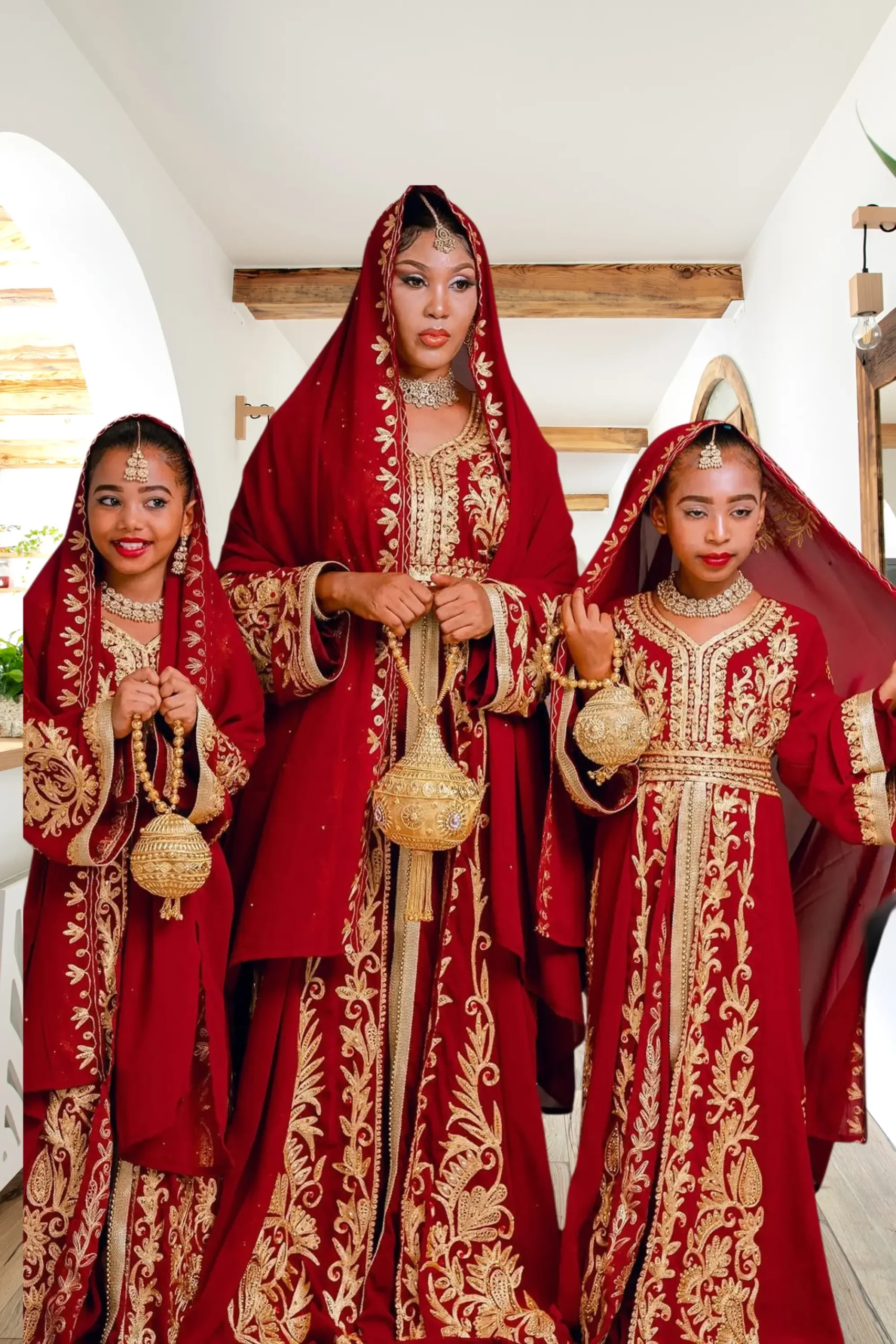 Buy SALE! Luxurious White & Gold Moroccan Kaftan  Hand-Embroidered Family  Matching Gown | Combo Set - African Attire Shop