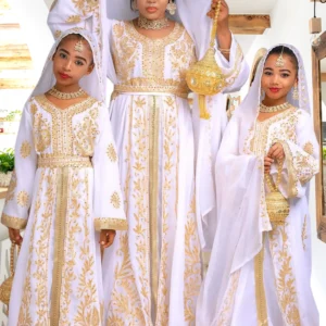 Elegant White & Gold Moroccan Kaftan for women and girls, featuring exquisite hand embroidery, flowing sleeves, and a hooded scarf—perfect for weddings & festive occasions (3)