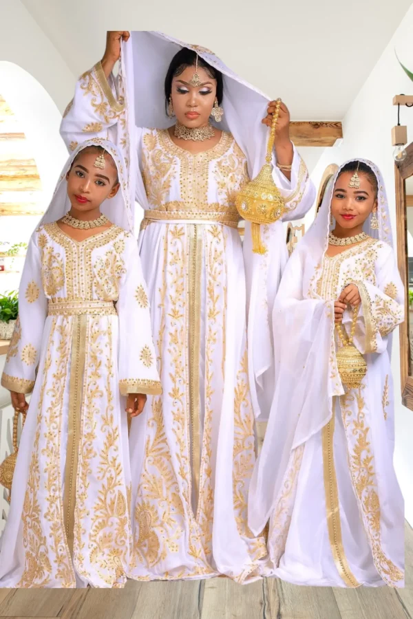 Elegant White & Gold Moroccan Kaftan for women and girls, featuring exquisite hand embroidery, flowing sleeves, and a hooded scarf—perfect for weddings & festive occasions (3)
