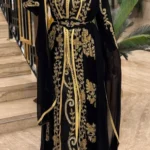 Elegant black Moroccan Farasha kaftan abaya with gold embroidery, featuring butterfly sleeves and a matching belt, perfect for special occasions (1)