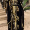 Elegant black Moroccan Farasha kaftan abaya with gold embroidery, featuring butterfly sleeves and a matching belt, perfect for special occasions (1)