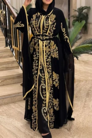 Elegant black Moroccan Farasha kaftan abaya with gold embroidery, featuring butterfly sleeves and a matching belt, perfect for special occasions (1)