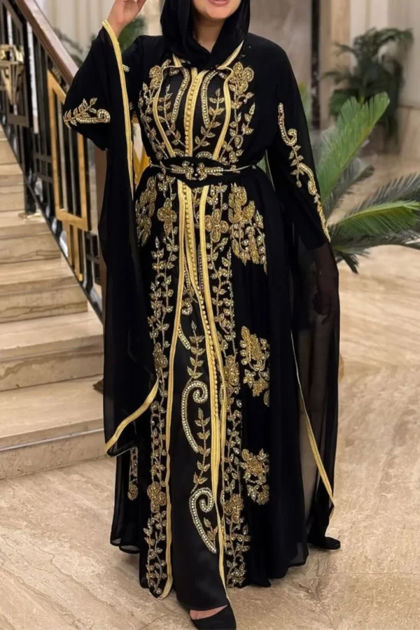 Elegant black Moroccan Farasha kaftan abaya with gold embroidery, featuring butterfly sleeves and a matching belt, perfect for special occasions (1)