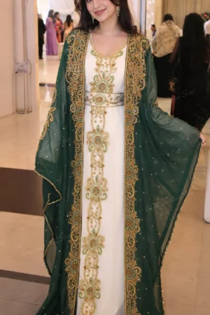 Emerald green Arabic Moroccan Dubai Kaftan Hand Beaded with Gold Hand Embroidery (1)