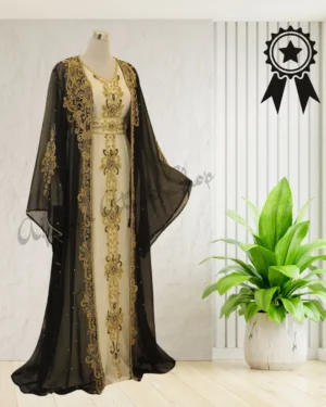 Emerald green Moroccan kaftan with gold embroidery, luxurious Arabian gown for weddings and special occasions (1)
