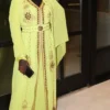 Lime green Moroccan kaftan with gold embroidery, elegant Arabian gown for weddings and festive occasions (1)