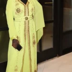 Lime green Moroccan kaftan with gold embroidery, elegant Arabian gown for weddings and festive occasions (1)