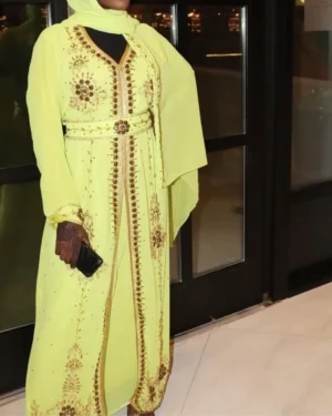 Lime green Moroccan kaftan with gold embroidery, elegant Arabian gown for weddings and festive occasions (1)