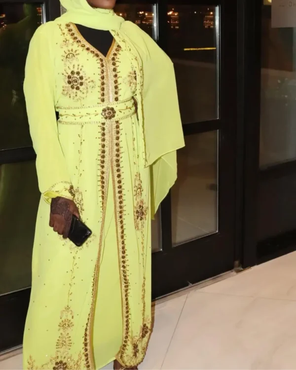 Lime green Moroccan kaftan with gold embroidery, elegant Arabian gown for weddings and festive occasions (1)