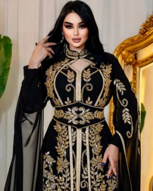Buy Elegant Black Moroccan Kaftan Abaya Dress with Gold Floral Embroidery   Modest Islamic Fashion - African Attire Shop