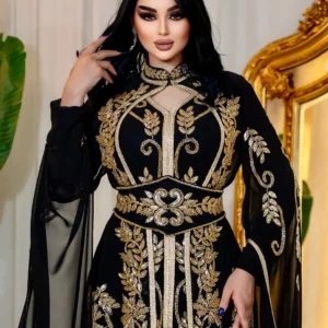 Luxury Black & Gold Embroidered Moroccan Kaftan – Elegant Georgette Gown (5)