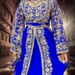 Royal blue Moroccan kaftan with gold embroidery and bell sleeves, luxury Islamic dress for weddings and festive occasions (1)