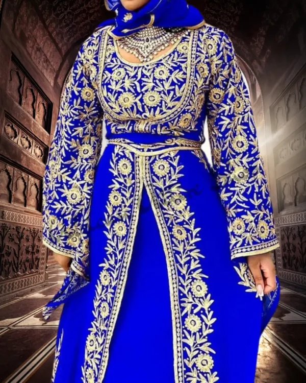 Royal blue Moroccan kaftan with gold embroidery and bell sleeves, luxury Islamic dress for weddings and festive occasions (1)