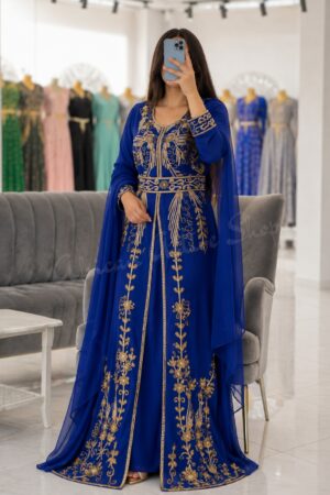Royal blue Moroccan kaftan with gold embroidery luxury Islamic dress for weddings and formal events (1)