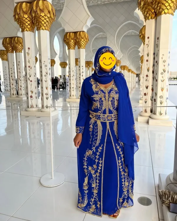 Royal blue Moroccan kaftan with gold embroidery luxury Islamic dress for weddings and formal events (2)