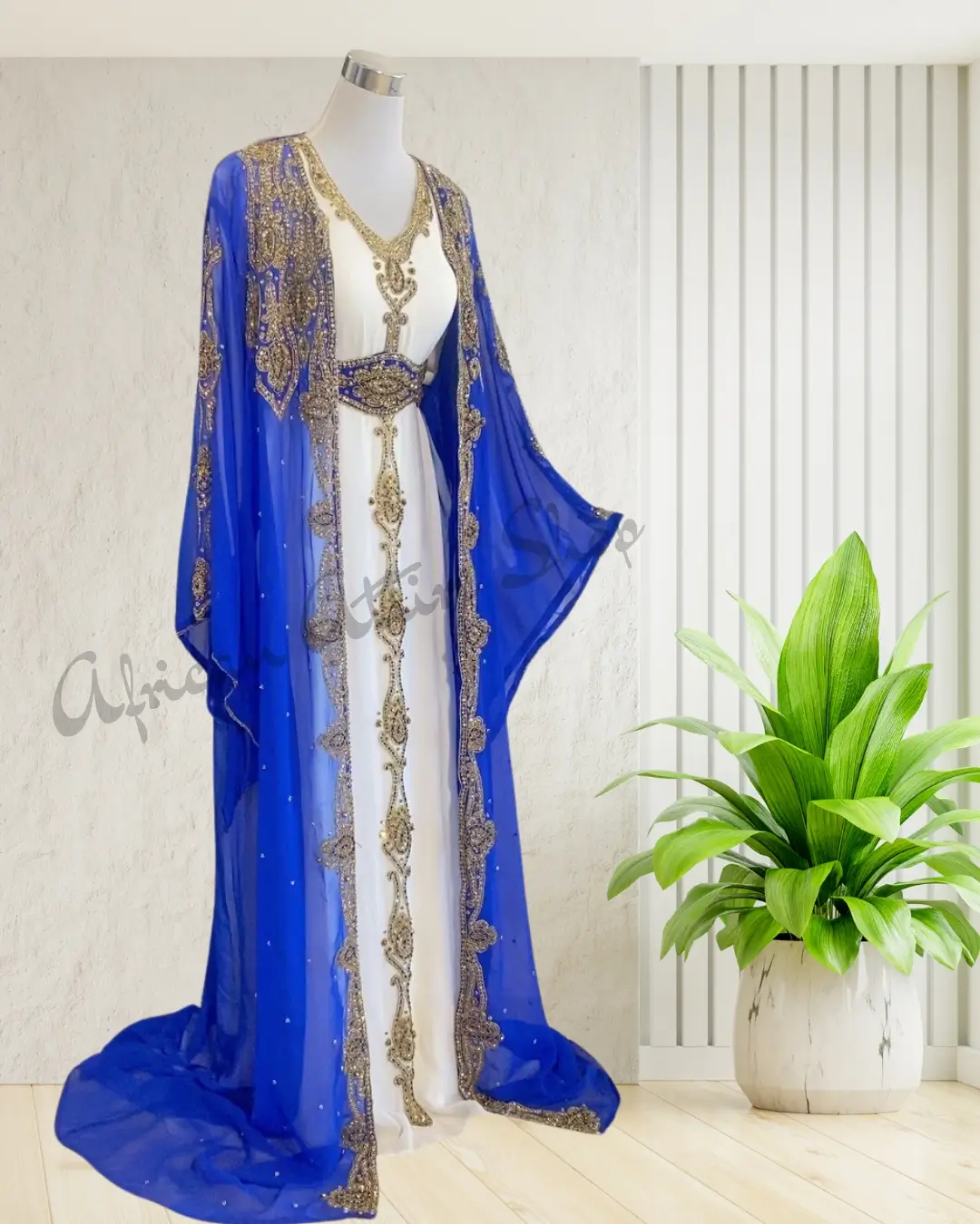 Royal blue and white Moroccan kaftan with gold embroidery, luxury Arabian gown for weddings and special occasions (1)